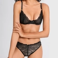 Elegant black lace lingerie set with sheer embroidery and delicate bow accents - 70B / Black