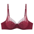 Elegant deep red French lace embroidery bra with soft underwire and satin wings on white - 70A / Burgundy