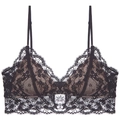 Bralette triangular de encaje negro francés con tirantes finos y detalles bordados - S / Negro y Nude