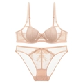 Completo intimo in pizzo con reggiseno in rete trasparente e slip color pesca chiaro - 70B / Rosa