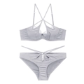 Ensemble lingerie en satin gris argenté avec dentelle cils et design à lanières - S / Gris