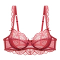 Elegant deep red sheer lace bra with floral embroidery and adjustable straps for women - 70A / Watermelon red