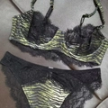 Sexy French style lingerie set featuring tiger print with black lace trim and underwire bra - XL / Tiger Print