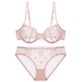 Pink sheer lace lingerie set with floral embroidery and underwire bra on white background - 70A / Top And Bottom / Pink