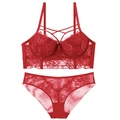 Ensemble lingerie en dentelle rouge avec lanières et soutien-gorge push-up - 70A / Rouge