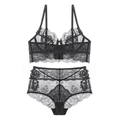 Ensemble de lingerie en dentelle noire sexy avec broderie florale élégante - Noir