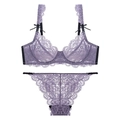 Completo intimo in pizzo viola con bordi smerlati e dettagli con fiocco nero - 70A / Viola