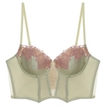 Close-up of sage green corset bra with pink rose embroidery and vintage lace-up detail - S / Matcha Green