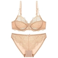 Conjunto de lencería de encaje beige sexy con sujetador de malla y braguita - 70A / Color Piel