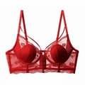Red floral lace bra with front closure and adjustable straps on a white background - 70B / Red