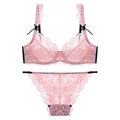 Pale pink lace lingerie set with underwire bra and matching panties with black bows - 70A / Watermelon red