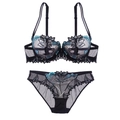 Sexy ultradünnes Set aus besticktem Spitzen-BH und Slip mit blauen Blumendetails - 70B / Schwarz