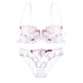 Französisches Dessous-Set aus Netzstoff mit lila Blumenstickerei und Spitzenbesatz - 70B / Weiß