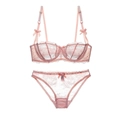 Pink sheer lace lingerie set with floral embroidery and bow details for women - Pink / 70D