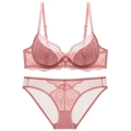 Roze kanten lingerieset met beugelbeha en bijpassende transparante mesh-onderbroek - 70A / Roze