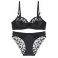 Elegante conjunto de lencería de encaje negro con flores y acabado satinado, 2 piezas - 70B / Negro