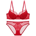 Elegante rode kanten lingerieset met 3/4 cup beugelbeha en bijpassende slip - 70A / Boven- En Onderstuk / Rood
