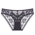 French style sexy black floral lace panties with breathable sheer mesh and low waist design - Black