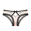 Pink lace panties with V-shape waistband and black bow detail for women - S / Pink