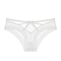 Detailed view of white sheer lace panties with bow detail and crossover side straps - White