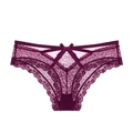 Elegant deep purple floral lace panties with decorative bow and sheer hollow design - Purple
