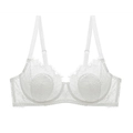 Detailed view of white floral lace texture and eyelash lace trim on a full cup bra - 70A / White