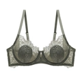 Detail of grey-green eyelash lace fabric and underwire support on a thin cup bra - 70A / Tops / Army Green