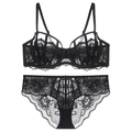 Conjunto de lencería de encaje negro con sujetador floral y braga a juego - 70B / Negro