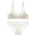 French style cream lace lingerie set with front closure and criss-cross back design - 70B / Top And Bottom / Apricot