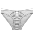 Detail von silbernen Satin-Slips mit zarter Wimpernspitze und hohlem Schleifen-Design - Grau