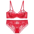 Conjunto de lencería de encaje con sujetador rojo floral y bragas de talle alto - 70B / Rojo