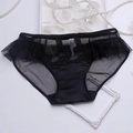 Detail view of black lace embroidery and sheer mesh fabric on women's satin briefs - M / Black