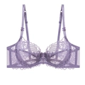 Detalle de sujetador de encaje morado con bordado floral y decoración de lazo pequeño - 70B / Tops / Púrpura