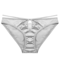 Silver satin panty with low-waist double straps, lace hollow cutout and bow detail - S / Gray