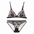 Conjunto de lencería de encaje negro estilo francés con bordado de rosas y malla - S / Negro