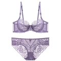 Lila Blumen-Spitzenunterwäsche-Set mit Bügel-BH und passendem Slip für Damen - 70B / Lila