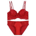 Elegant red floral lace lingerie set with underwired bra and silky low-rise panties - 70A / Top And Bottom / Red
