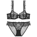 Conjunto de lencería sexy de encaje negro con sujetador de malla floral y braguita a juego - Negro / 70B