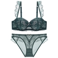 Franse stijl donkergroene kant lingerie set met gegolfde bandjes en bloemenpatroon - Donkergroen