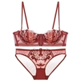 Detail view of red rose floral embroidery on French lace lingerie set with mesh fabric - 70A / Top And Bottom / Red