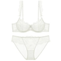 Elegant white lace lingerie set with floral patterns and delicate bow pendant detail - White