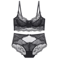 Elegantes Set aus schwarzer Spitzenunterwäsche mit Blumenmuster und feiner Schleife - 70A / Schwarz