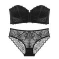 Sexy zwarte kant lingerie set met strapless bandeau beha en bijpassende bloemen slip - Zwart