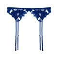 Dettaglio di reggicalze in pizzo blu scuro con spalline regolabili e decorazione a fiocco - Taglia unica / Blu scuro