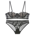 Conjunto de lencería de encaje floral negro sexy con sujetador con aros y braguita a juego - Negro / 70B