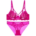 Close-up of fuchsia eyelash lace lingerie set featuring floral patterns and mesh details - 75B / Rose Red