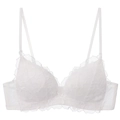 Detail of white floral lace embroidery on non-wired triangle bra with sheer mesh - 70B / White