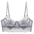 Sheer grey French lace bra with floral embroidery and supportive underwire design - 70B / Tops / Gray