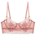 Pale pink French lace bra with floral embroidery and sheer mesh on a white background - 70B / Tops / Pink