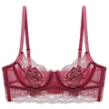Deep red French style ultra-thin lace embroidery bra with mesh and floral details - 70B / Tops / Red